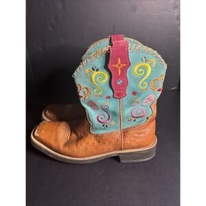 Ariat Fatbaby Leather Embroidered Cowboy Boots Pink Ostrich Print Style